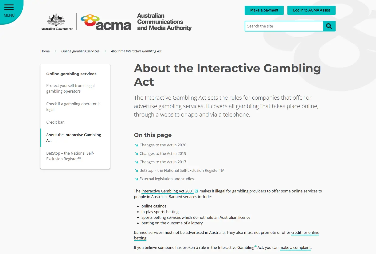 Current ACMA guidance explaining prohibited online gambling services in Australia