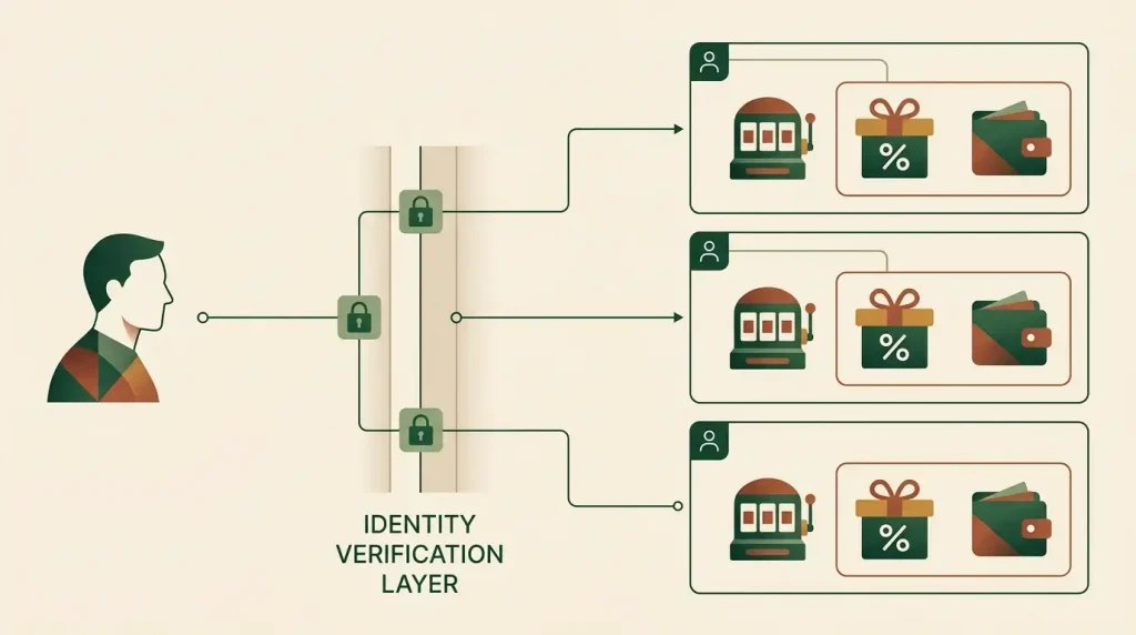 Conceptual identity architecture showing one Inclave login connecting to separate casino operator accounts