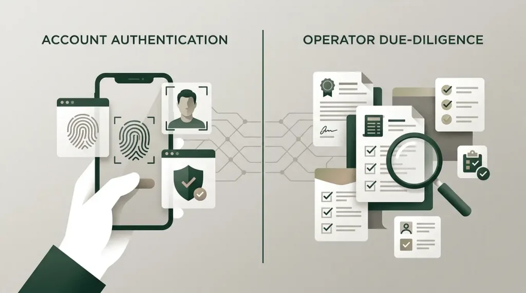 Editorial illustration separating Inclave login checks from casino operator checks