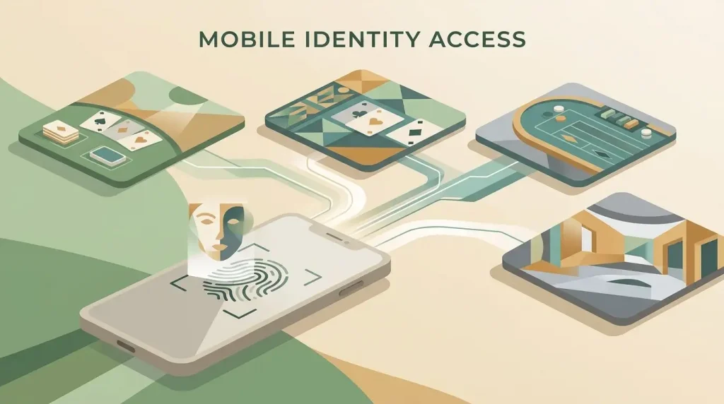 Illustration of biometric mobile authentication connecting to separate casino operator accounts