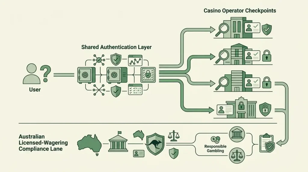 Illustration showing Inclave authentication followed by separate casino KYC and Australian wagering verification checks